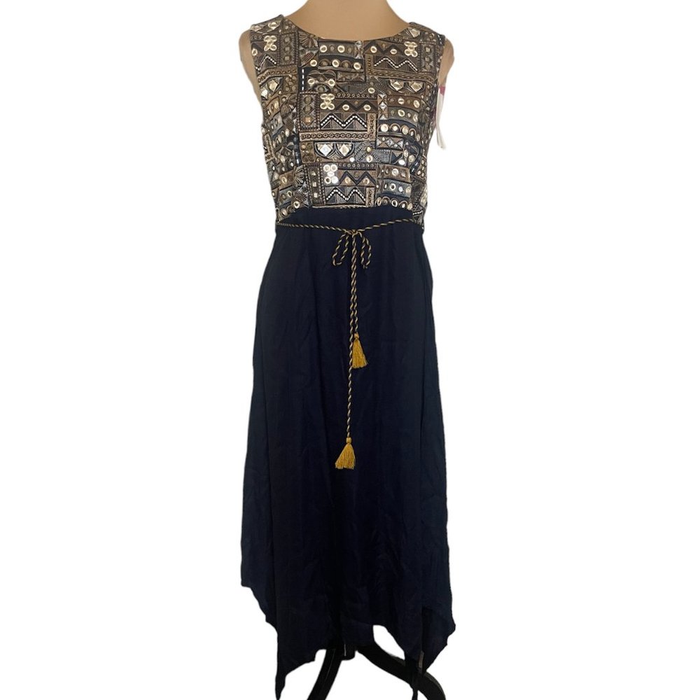 Ateesa Navy Embroidered Asymmetric Gypsy Dress M